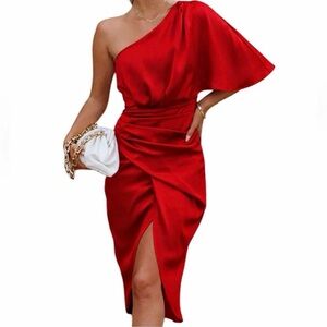 NEW NWT Do+Be One Shoulder Dress Small Red Satin Ruched Midi Cocktail